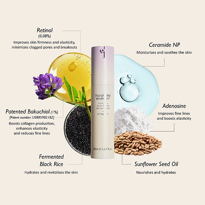 Ser de noapte cu retinol 0.08% pentru fermitate si hidratare Black Rice Night Knight Retinol Serum